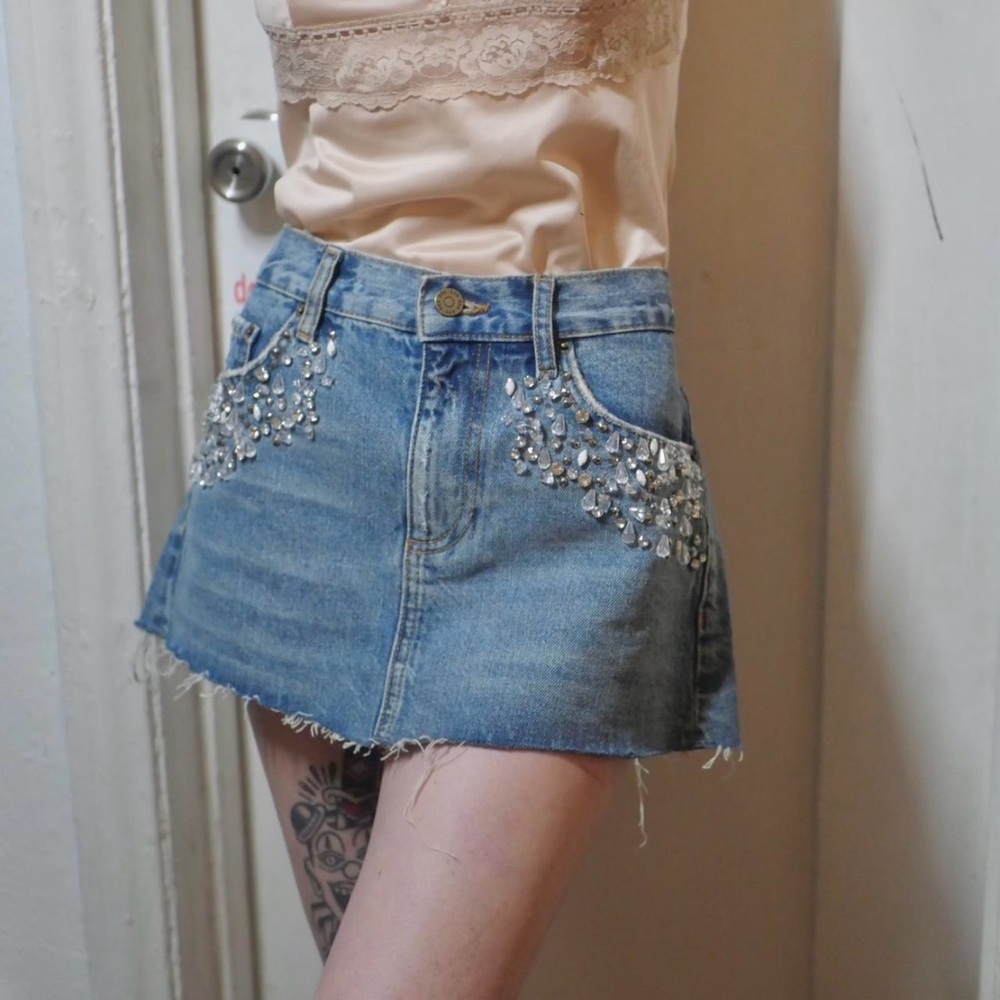 Urban Outfitters BDG Denim Mini Skirt Embellished with Beaded Rhinestone Details